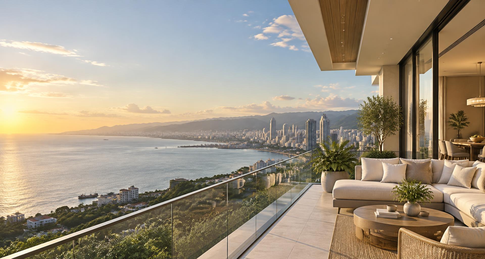 Sunlit balcony overlooking the Cebu coastline and city
